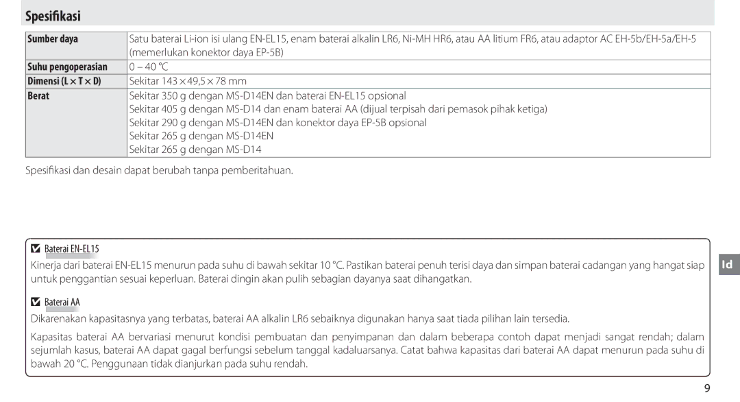 Nikon MB-D14 manual Spesifikasi, Sumber daya, Berat 