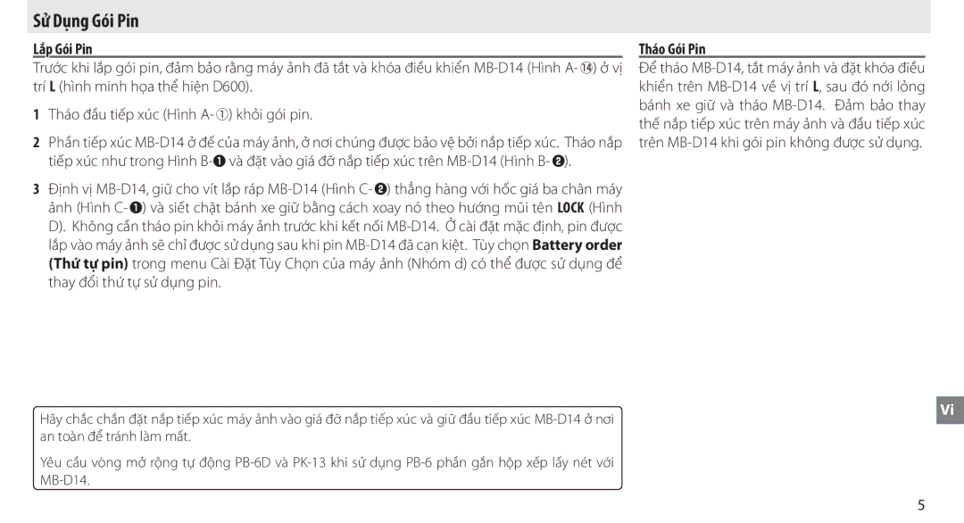 Nikon MB-D14 manual Sử Dụng Gói Pin, Lắp Gói Pin, Tháo Gói Pin 