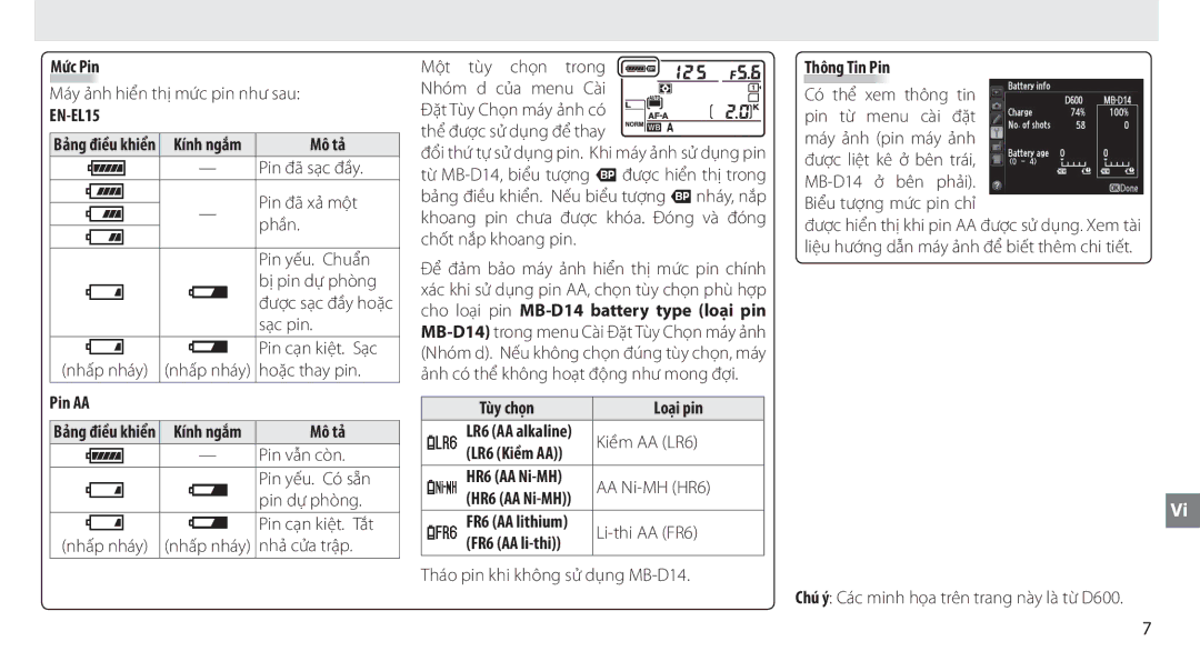 Nikon MB-D14 manual Mức Pin, Mô tả, Pin AA, Tùy chọn Loại pin, Thông Tin Pin 