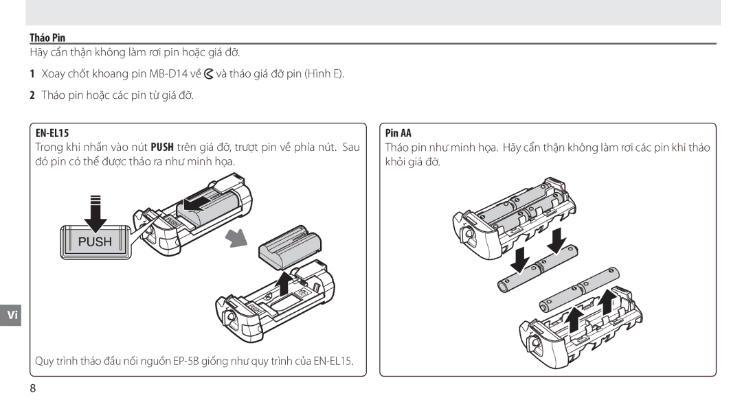 Nikon MB-D14 manual Tháo Pin, EN-EL15 Pin AA 