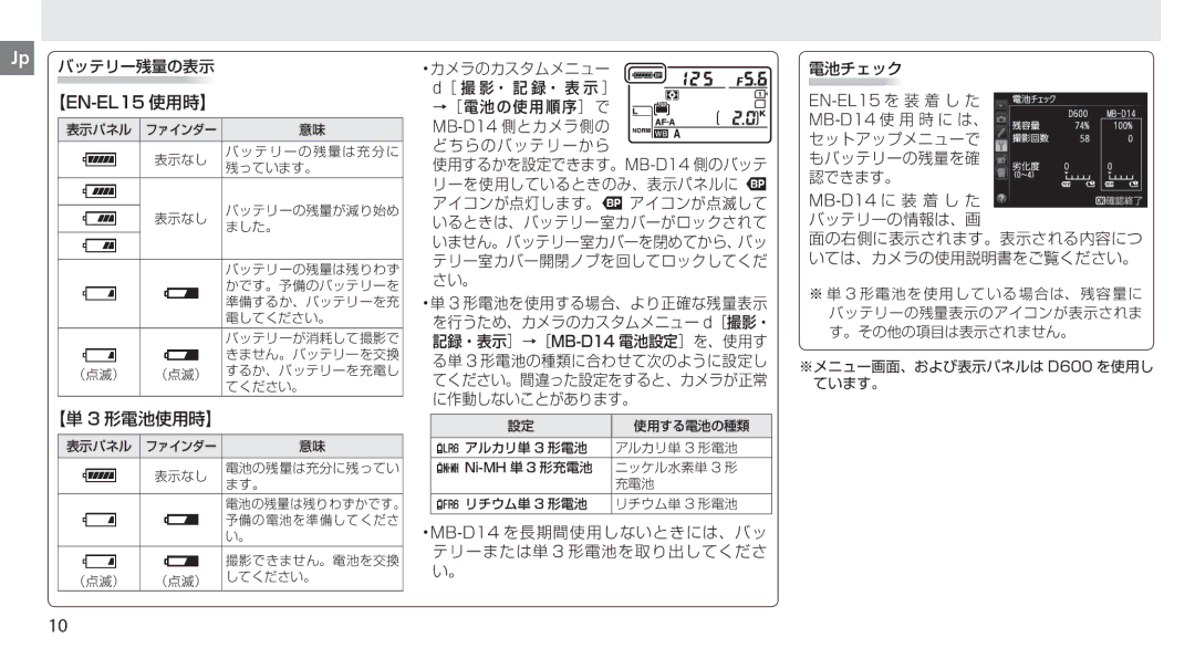 Nikon manual MB-D14を長期間使用しないときには、バッ テリーまたは単 3 形電池を取り出してくださ い。 電池チェック 