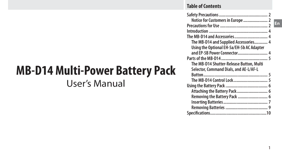 Nikon manual MB-D14 Multi-Power Battery Pack, Table of Contents 