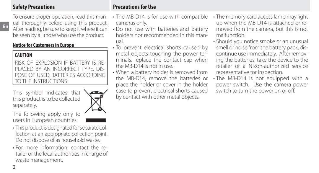 Nikon MB-D14 manual Safety Precautions, Precautions for Use 