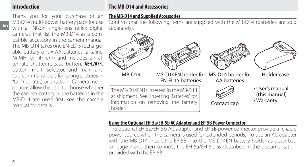 Nikon manual Introduction, MB-D14 and Accessories 