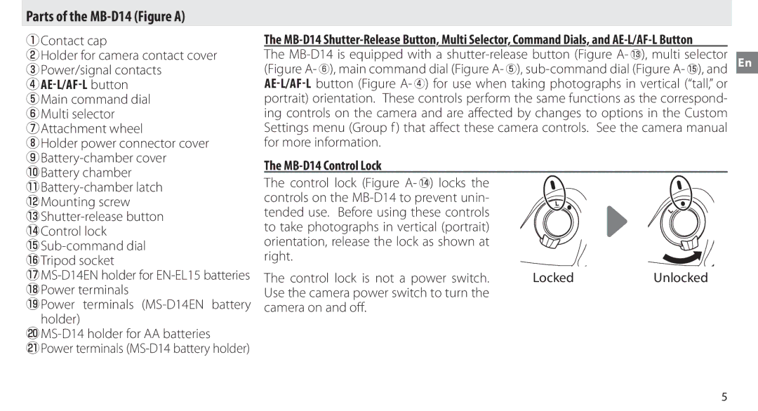 Nikon manual Parts of the MB-D14 Figure a, MB-D14 Control Lock 