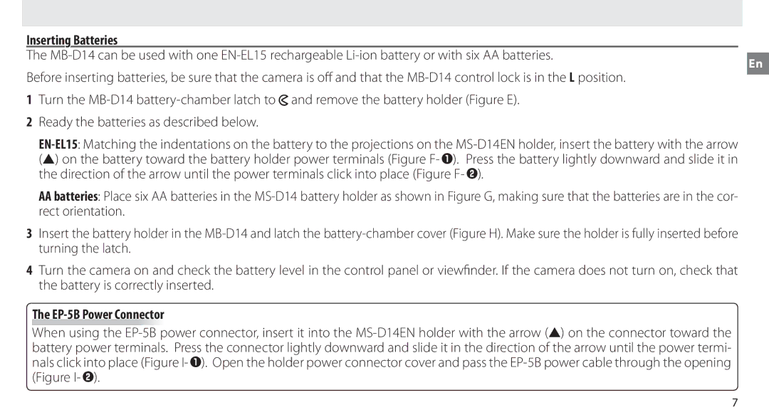 Nikon MB-D14 manual Inserting Batteries 