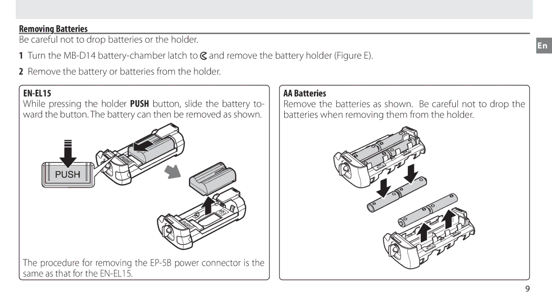 Nikon MB-D14 manual Removing Batteries 