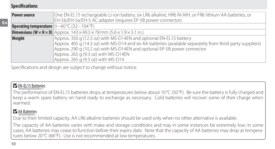 Nikon MB-D14 manual Specifications, Power source 