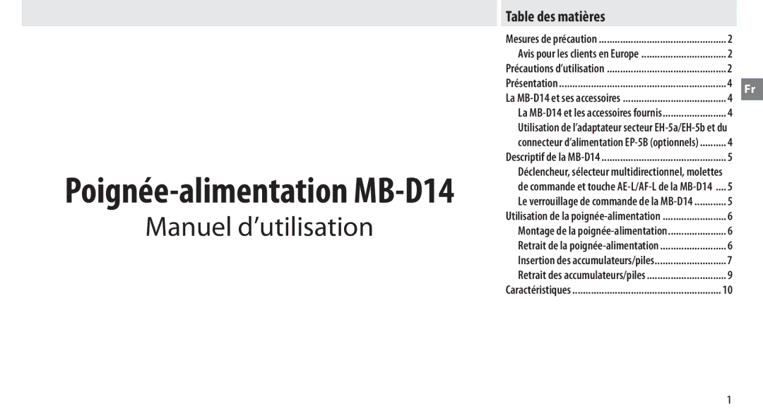 Nikon MB-D14 manual Table des matières, Présentation 