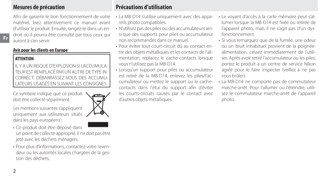 Nikon MB-D14 manual Mesures de précaution, Précautions d’utilisation, Avis pour les clients en Europe 