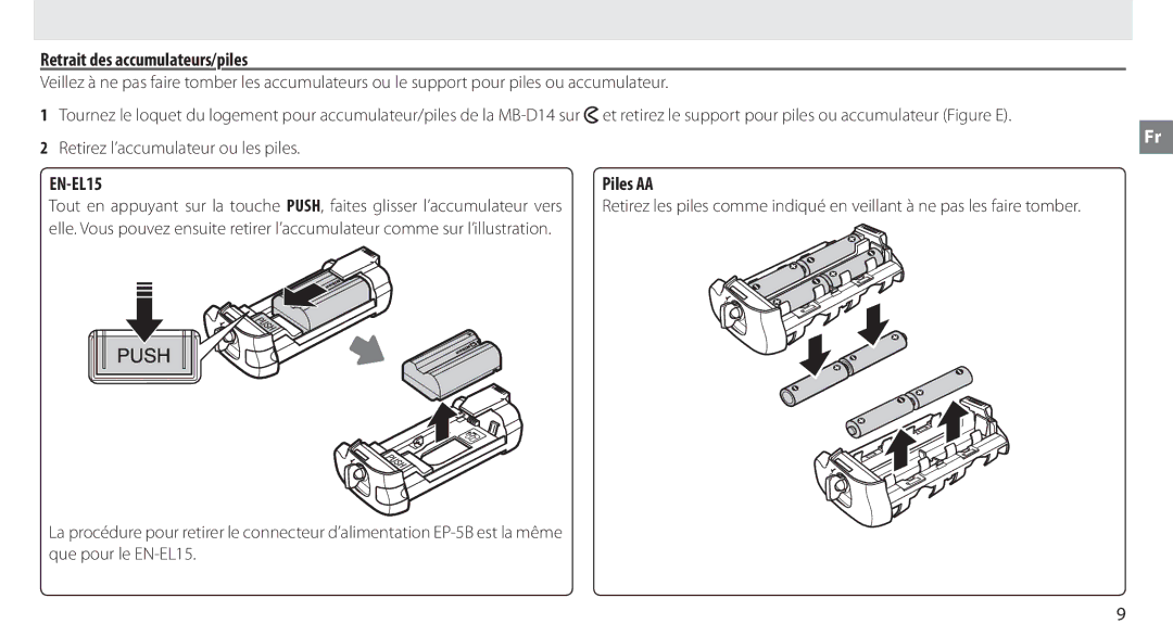 Nikon MB-D14 manual Retrait des accumulateurs/piles, Piles AA, Retirez l’accumulateur ou les piles 