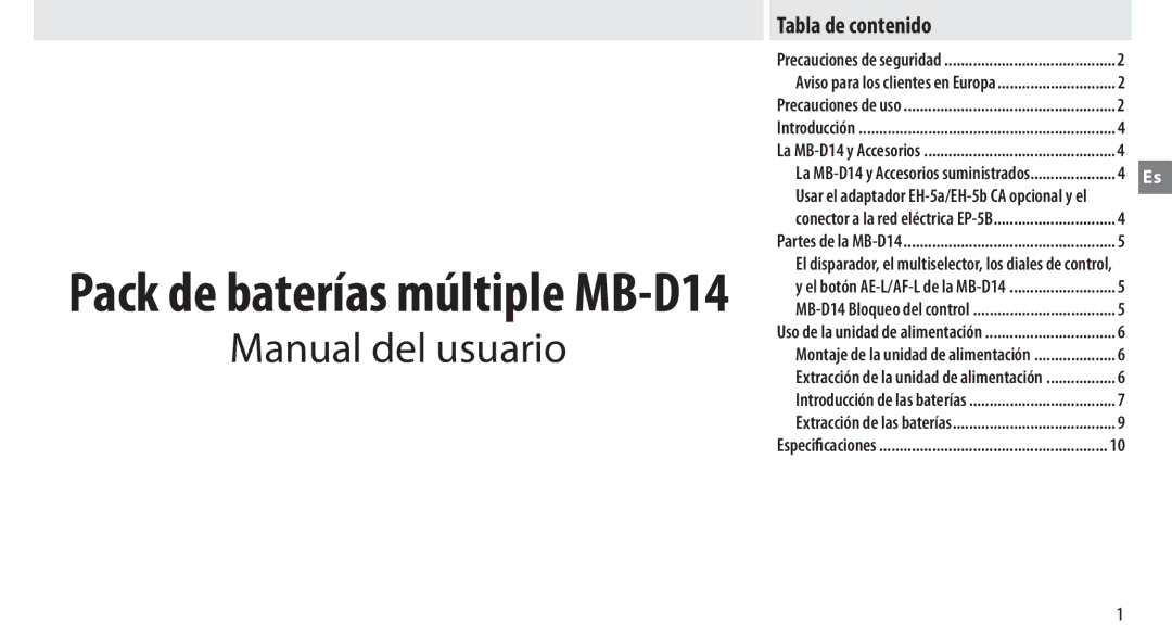 Nikon manual Pack de baterías múltiple MB-D14, Tabla de contenido 