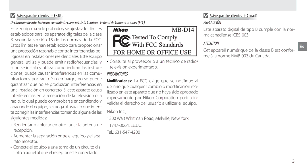 Nikon MB-D14 manual Avisos para los clientes de EE.UU, Avisos para los clientes de Canadá 