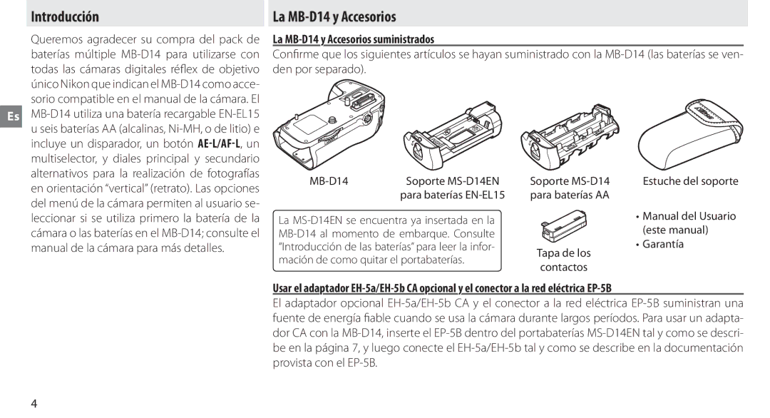 Nikon manual Introducción, La MB-D14 y Accesorios suministrados 