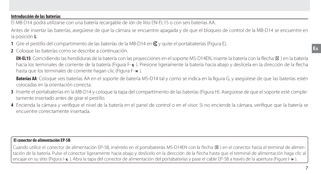 Nikon MB-D14 manual Introducción de las baterías, El conector de alimentación EP-5B 