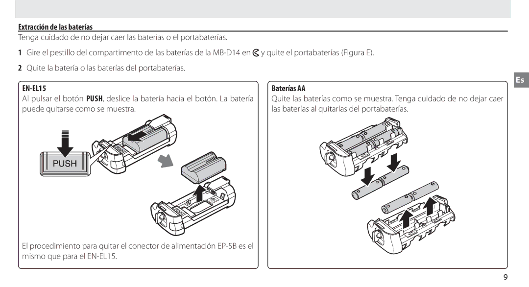 Nikon MB-D14 manual Extracción de las baterías, EN-EL15 Baterías AA 