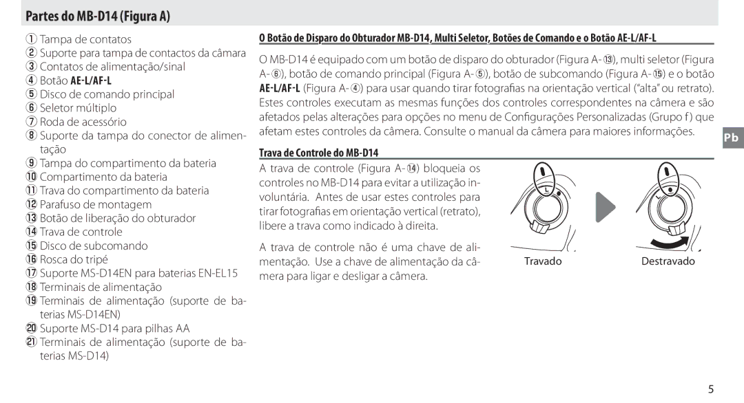 Nikon manual Partes do MB-D14 Figura a, Botão AE-L/AF-L, Trava de Controle do MB-D14 