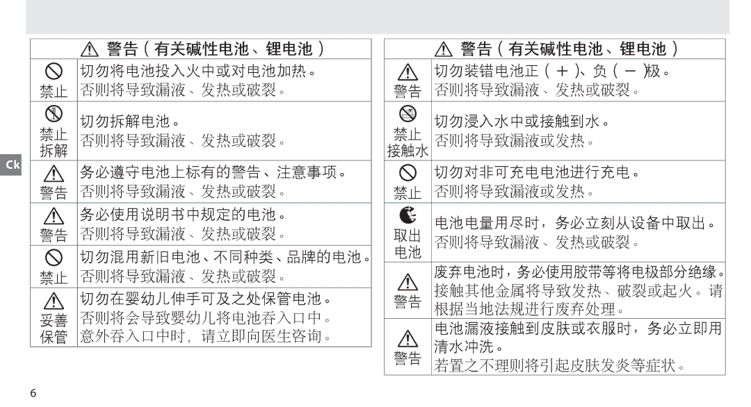 Nikon MB-D14 manual 警告（有关碱性电池、锂电池） 