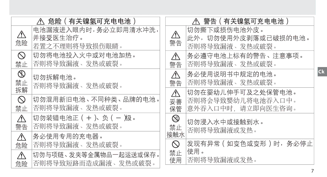 Nikon MB-D14 manual 危险（有关镍氢可充电电池） 