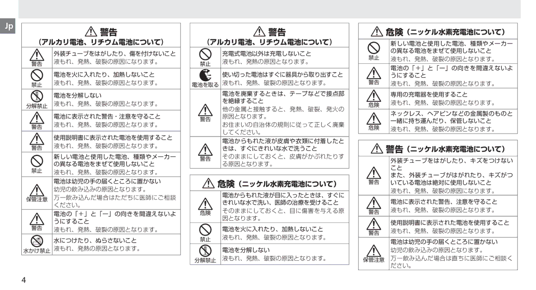 Nikon MB-D14 manual 危険（ニッケル水素充電池について） 