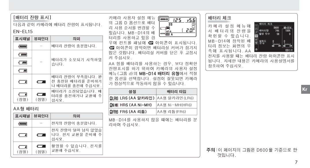 Nikon MB-D14 manual 배터리 잔량 표시 다음과 같이 카메라에 배터리 잔량이 표시됩니다 