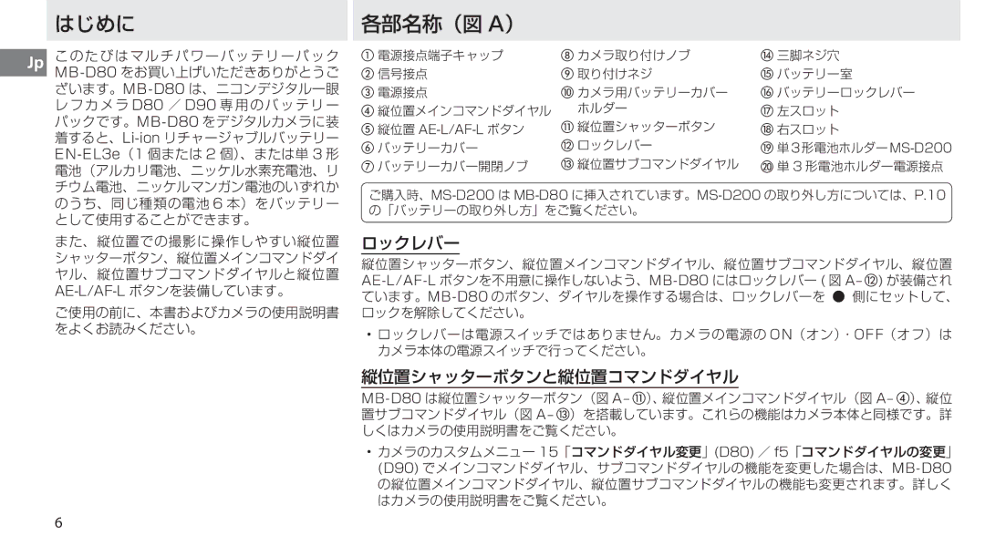 Nikon MB-D80 user manual はじめに, 縦位置 Ae-L/Af-L ボタン 