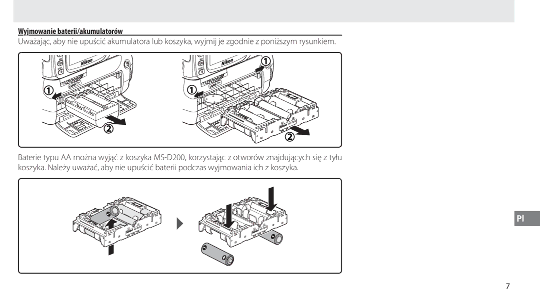 Nikon MB-D80 user manual Wyjmowanie baterii/akumulatorów 