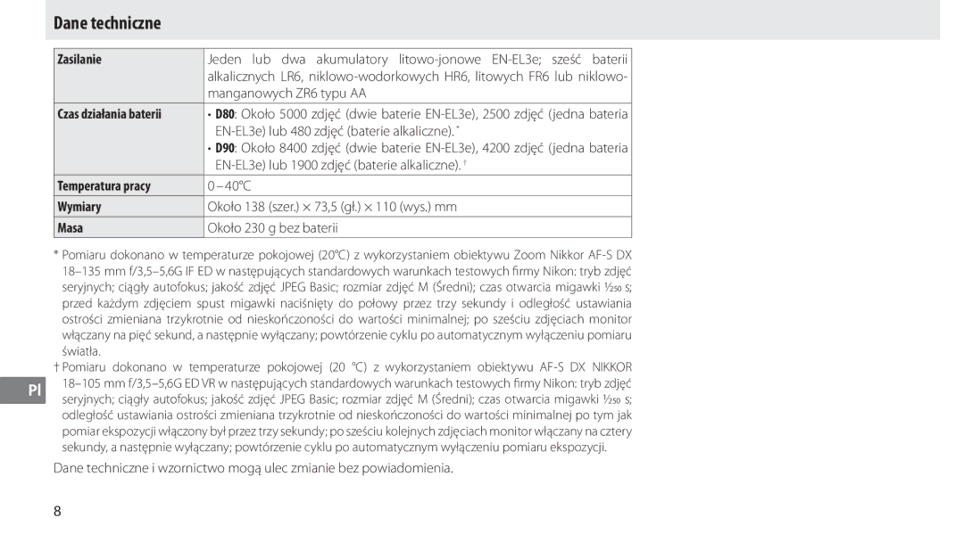 Nikon MB-D80 user manual Dane techniczne, Zasilanie, Temperatura pracy, Wymiary, Masa 