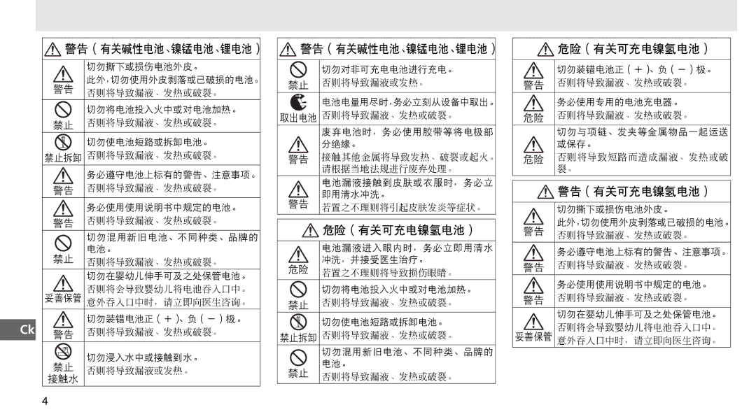 Nikon MB-D80 user manual 危险（有关可充电镍氢电池） 