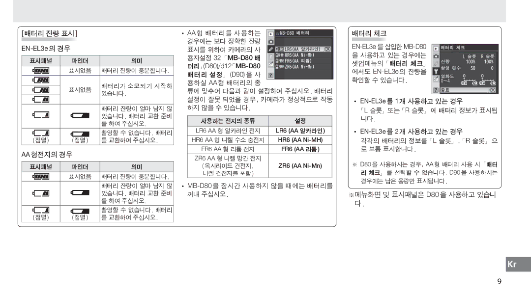 Nikon user manual 배터리 잔량 표시 EN-EL3e의 경우, Aa 형전지의 경우, 터리」D80/d12「MB-D80, MB-D80을 장시간 사용하지 않을 때에는 배터리를 꺼내 주십시오 배터리 체크 