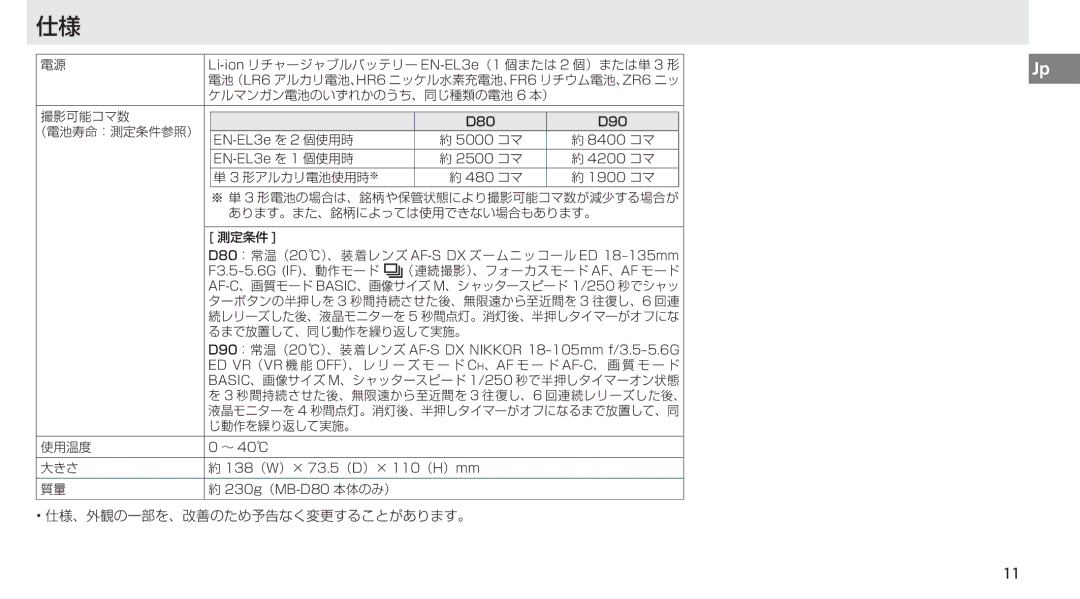 Nikon MB-D80 user manual 仕様、外観の一部を、改善のため予告なく変更することがあります。 