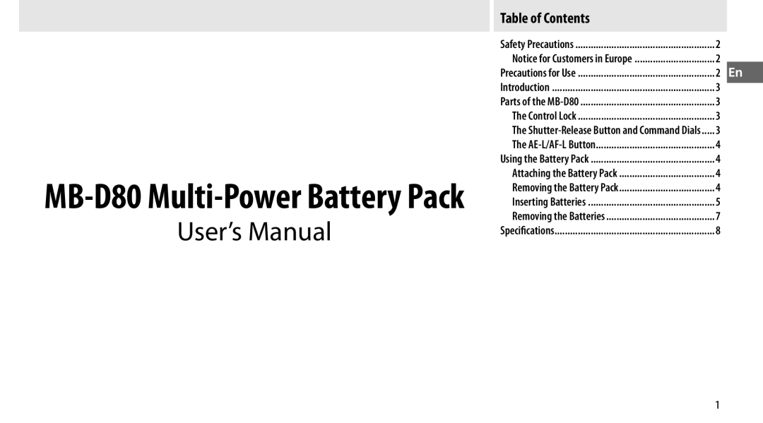 Nikon user manual MB-D80 Multi-Power Battery Pack 