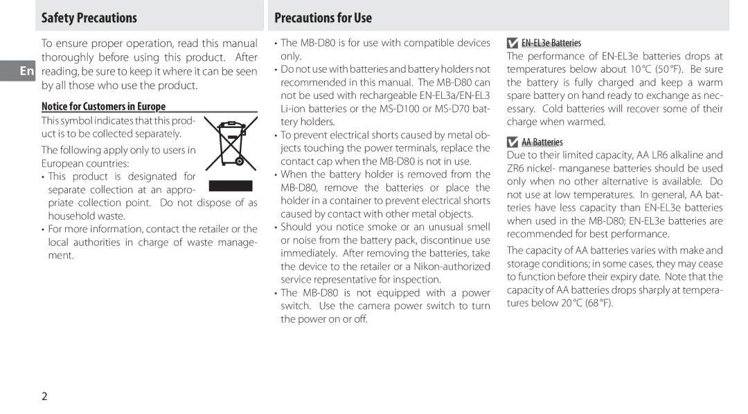 Nikon MB-D80 Safety Precautions, Precautions for Use, Following apply only to users European countries, AA Batteries 