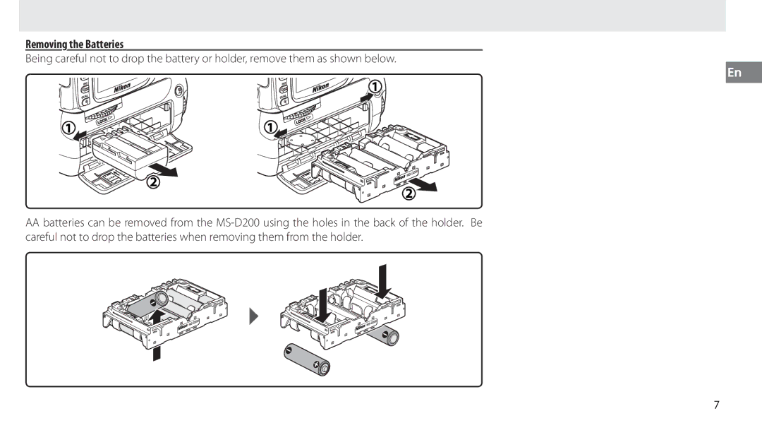 Nikon MB-D80 user manual Removing the Batteries 