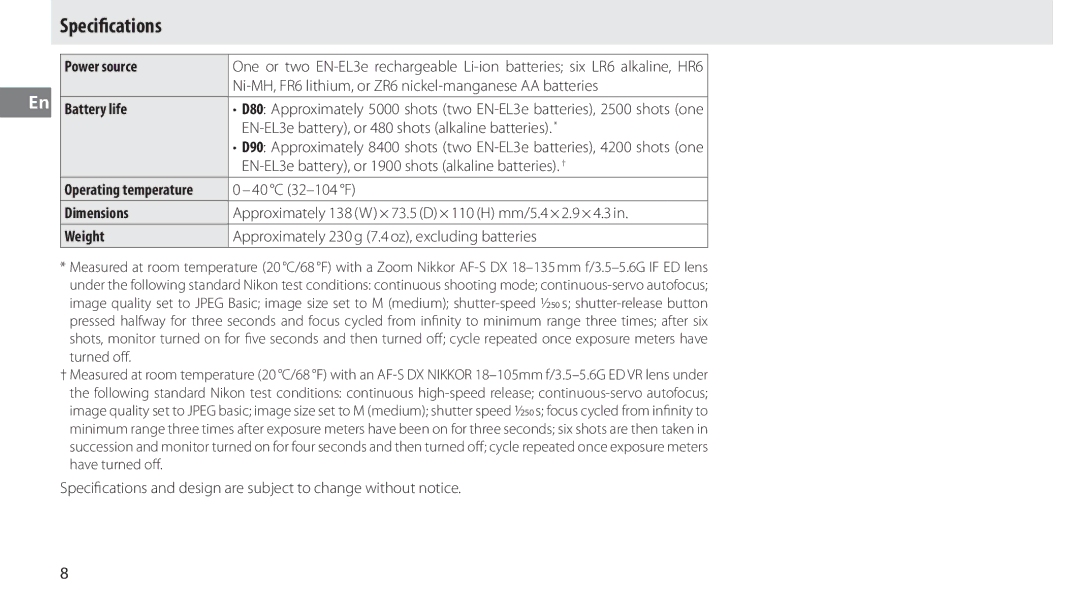 Nikon MB-D80 user manual Speciﬁcations, Power source, Battery life, Dimensions, Weight 