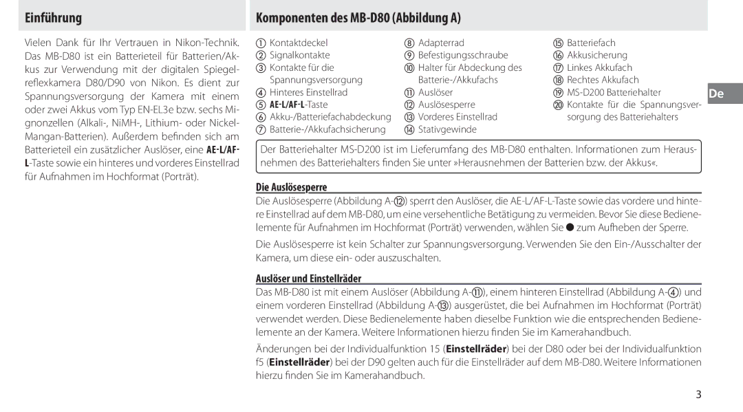 Nikon Einführung, Komponenten des MB-D80 Abbildung a, Die Auslösesperre, Auslöser und Einstellräder, AEL/AFL -Taste 