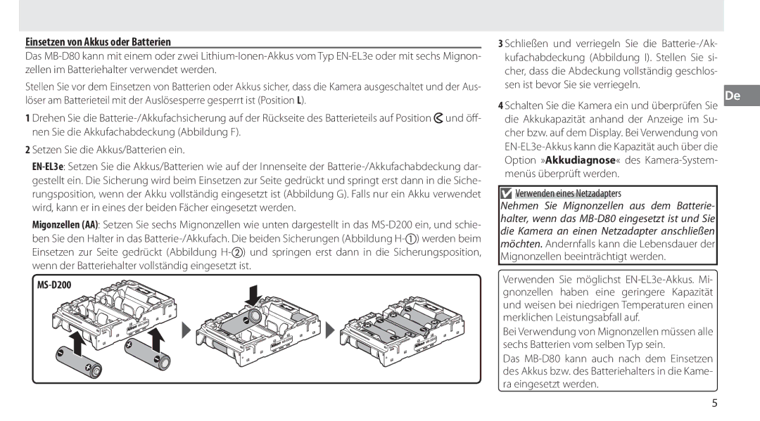 Nikon MB-D80 user manual Einsetzen von Akkus oder Batterien, Verwenden eines Netzadapters 