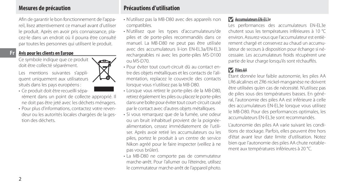 Nikon MB-D80 user manual Mesures de précaution, Précautions d’utilisation, Fr Avis pour les clients en Europe 