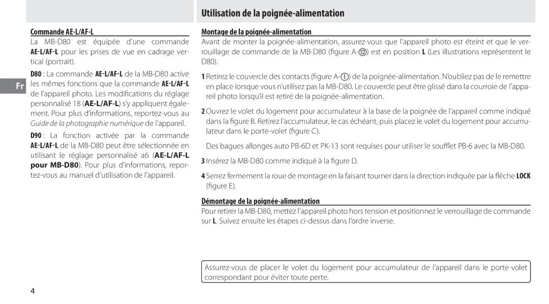 Nikon MB-D80 user manual Utilisation de la poignée-alimentation, Commande AE-L/AF-L, Montage de la poignée-alimentation 