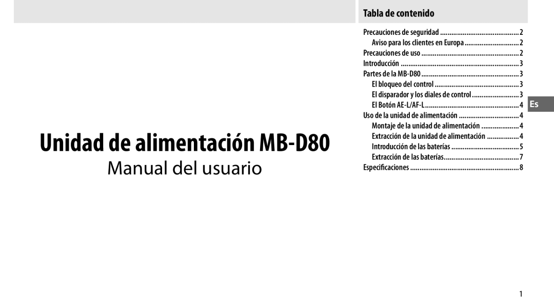 Nikon user manual Unidad de alimentación MB-D80 