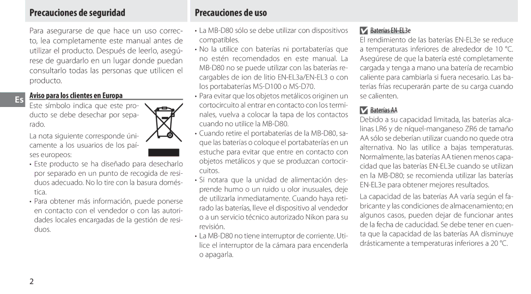 Nikon MB-D80 user manual Precauciones de seguridad, Precauciones de uso, Aviso para los clientes en Europa 