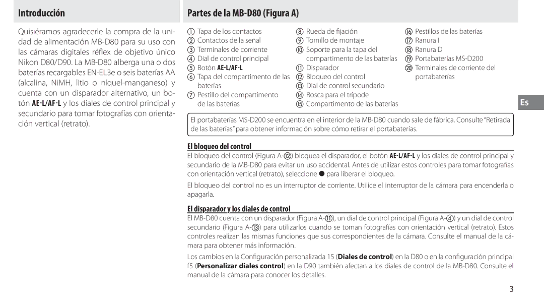 Nikon Introducción, Partes de la MB-D80 Figura a, El bloqueo del control, El disparador y los diales de control 