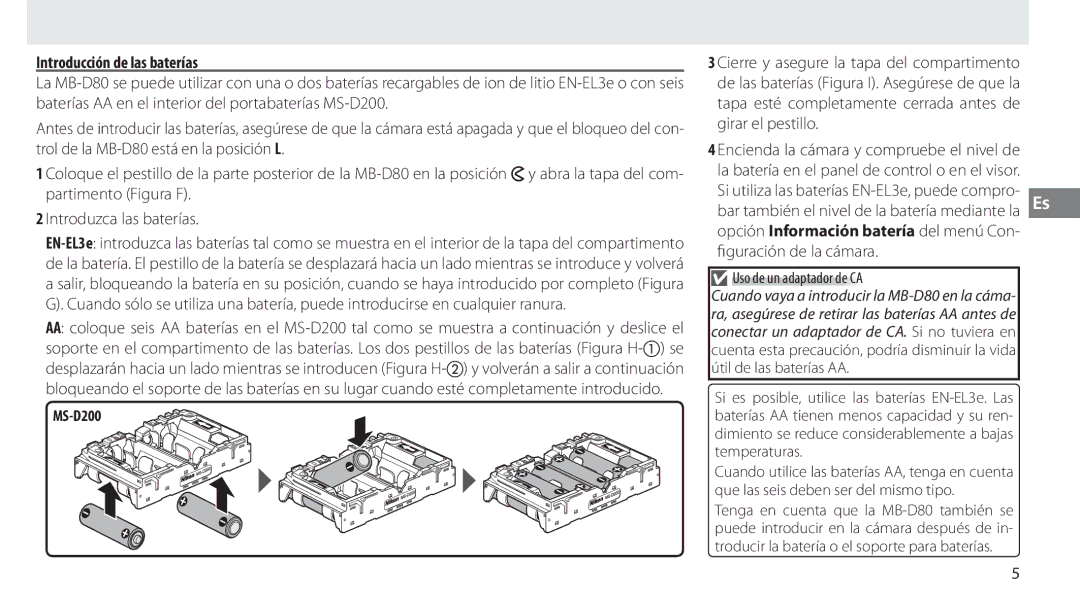 Nikon MB-D80 user manual Introducción de las baterías, Uso de un adaptador de CA 