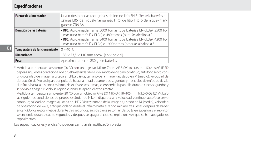 Nikon MB-D80 user manual Especiﬁcaciones, Fuente de alimentación, Dimensiones, Peso 