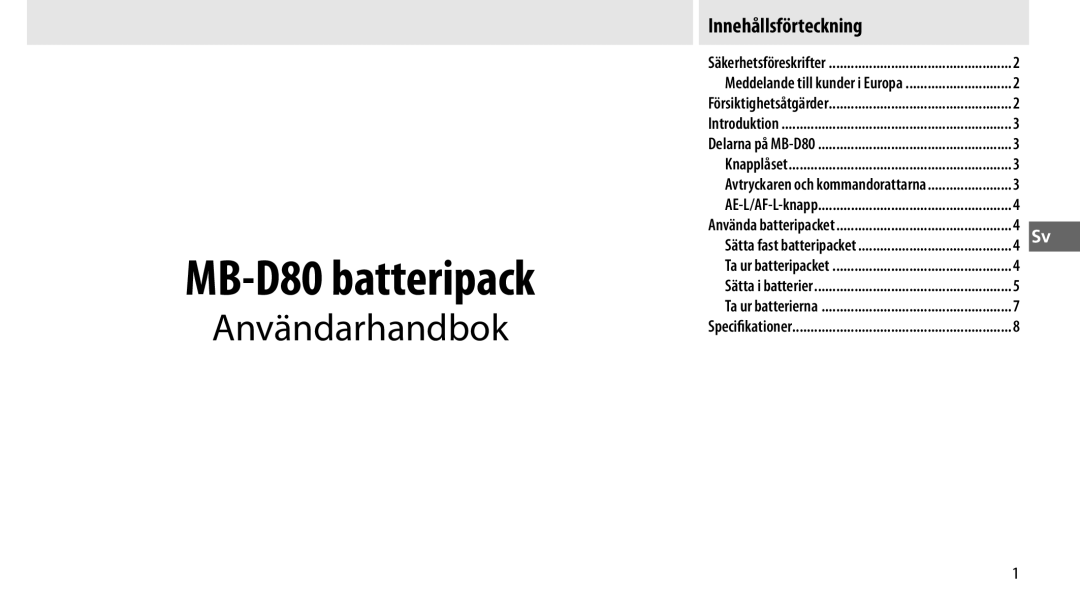 Nikon user manual MB-D80 batteripack 