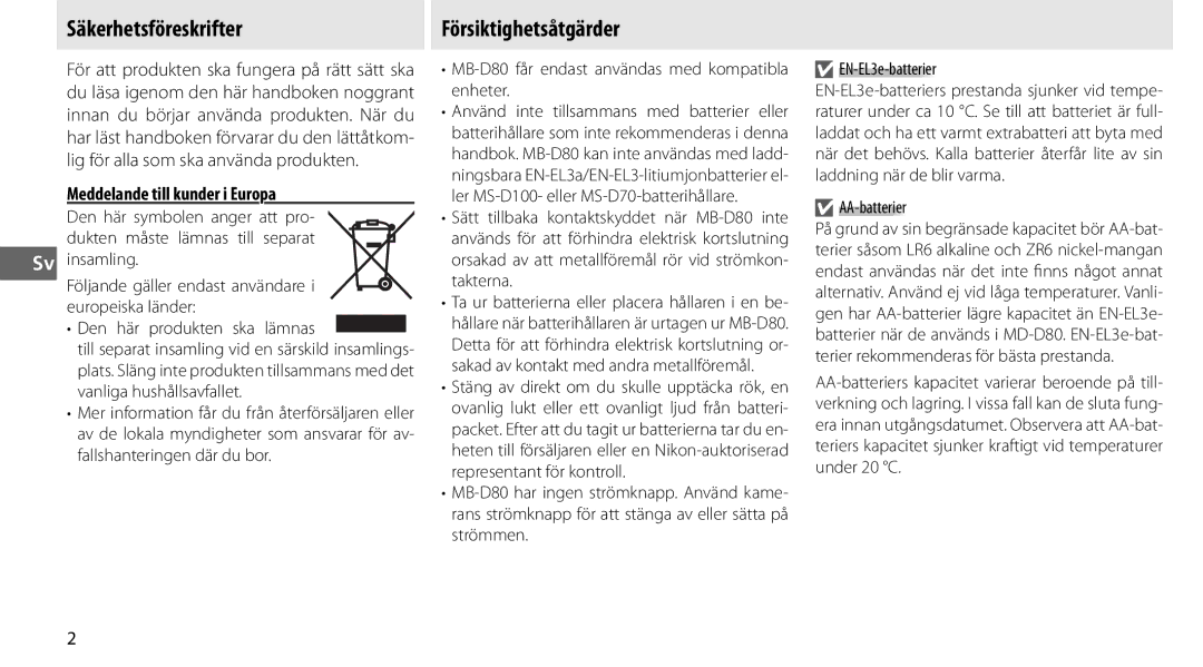 Nikon MB-D80 user manual Säkerhetsföreskrifter 