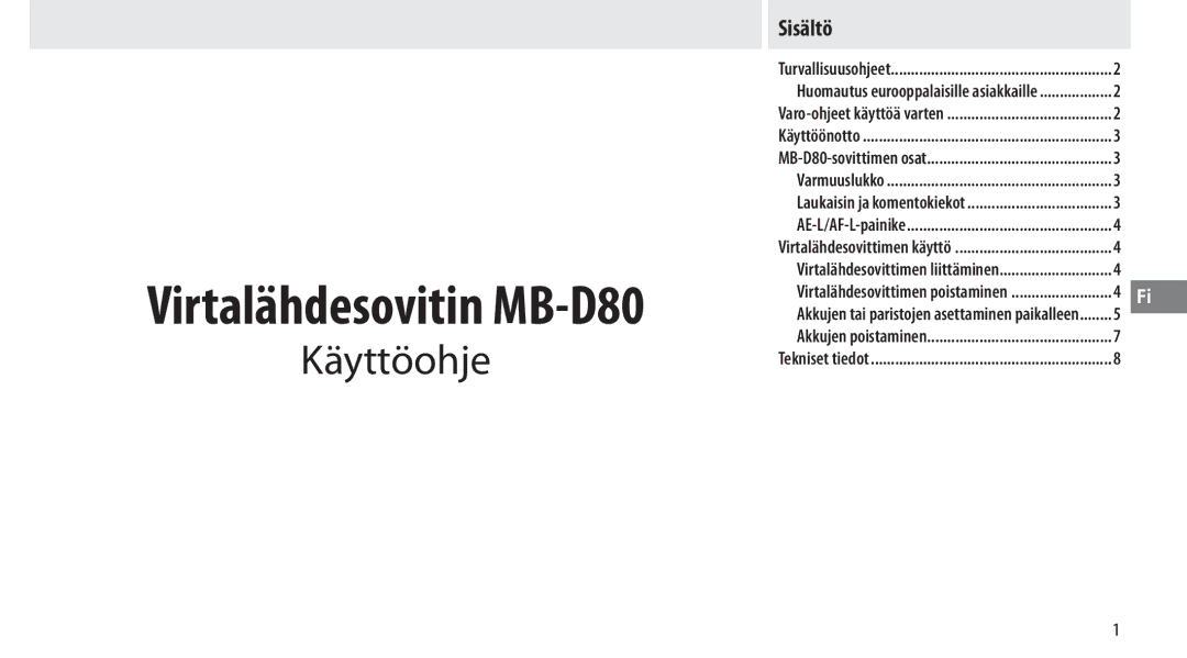 Nikon user manual Virtalähdesovitin MB-D80, Sisältö 