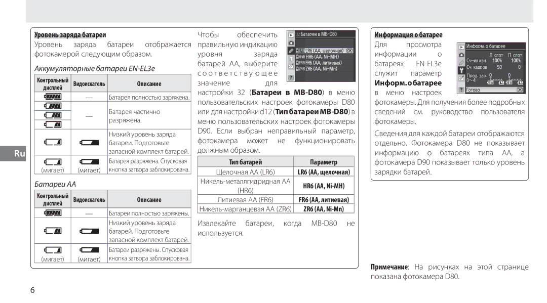 Nikon MB-D80 user manual Уровень заряда батареи, Информация о батарее, Информ.обатарее в меню настроек 