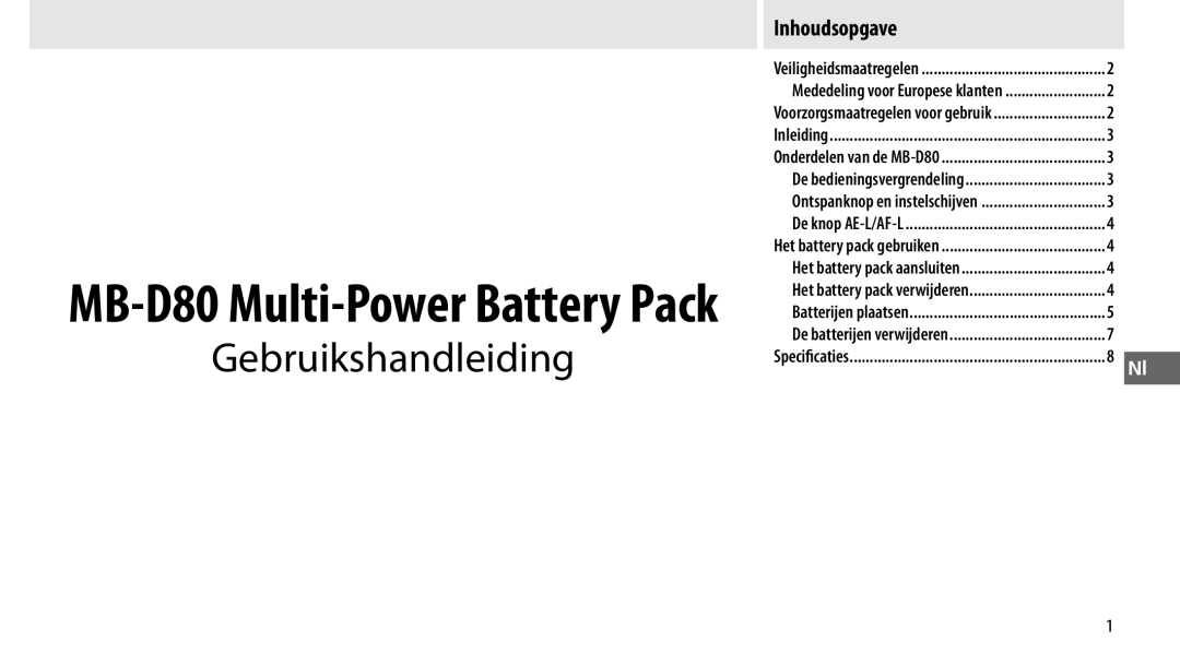 Nikon MB-D80 user manual Gebruikshandleiding 