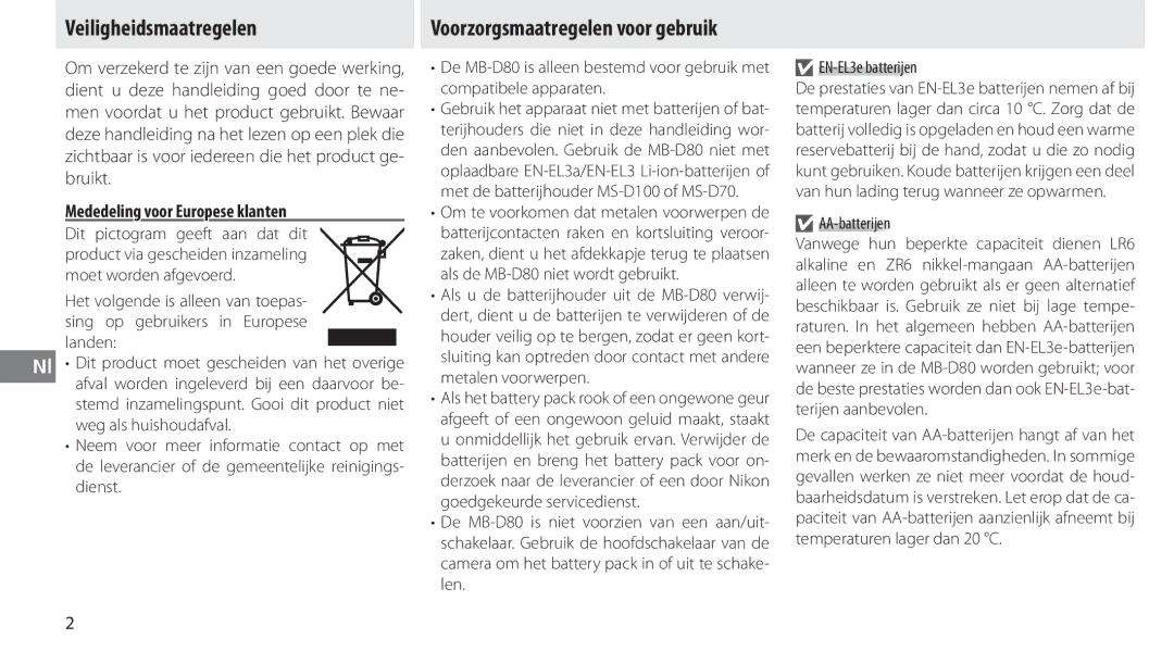 Nikon MB-D80 user manual Veiligheidsmaatregelen, Mededeling voor Europese klanten, AA-batterijen 